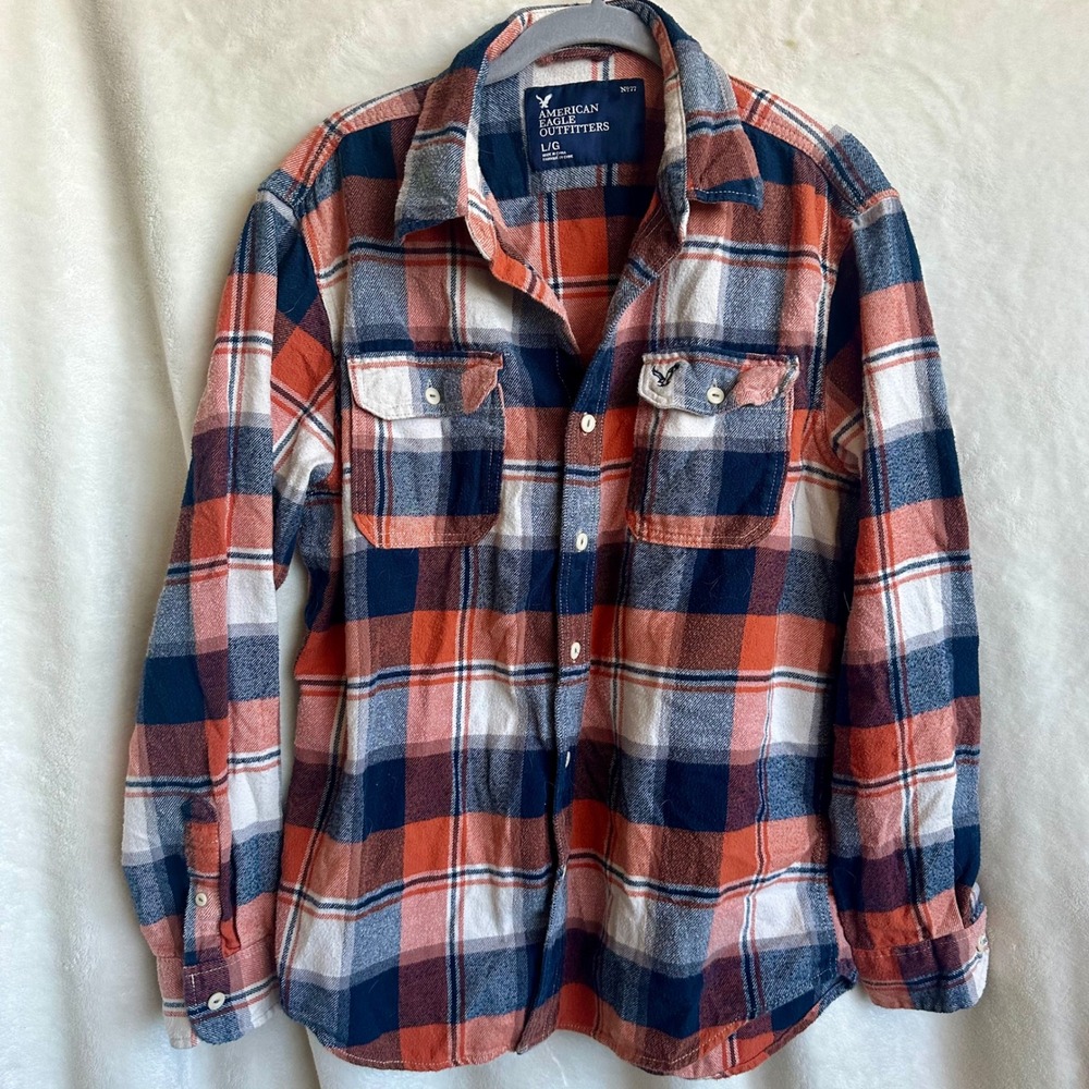 American Eagle Heritage Flannel Shirt Large Orange Blue White Plaid‎ Button Up L